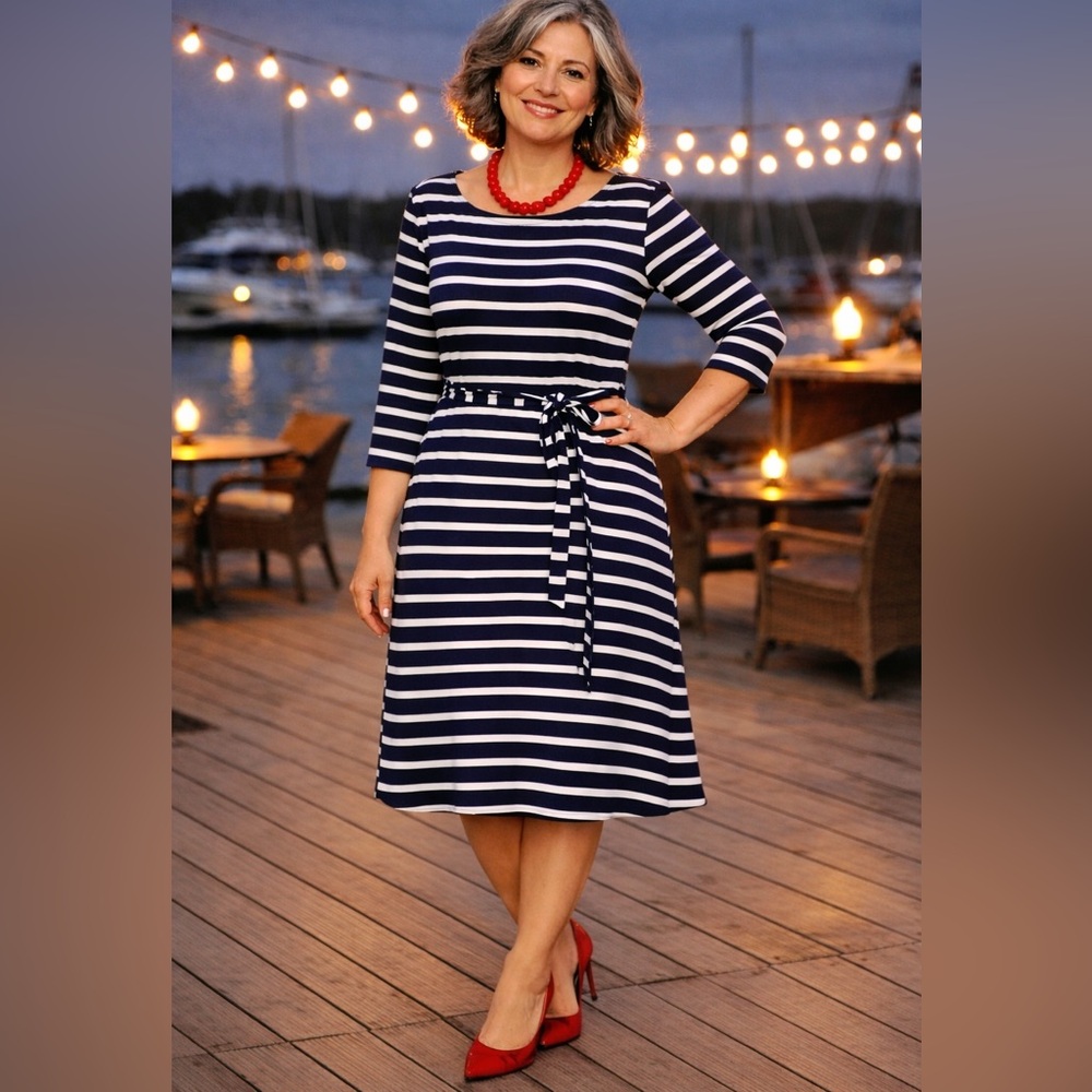 Crown & Ivy Navy & White Striped Dress w/Belt – NWT (Size XL)